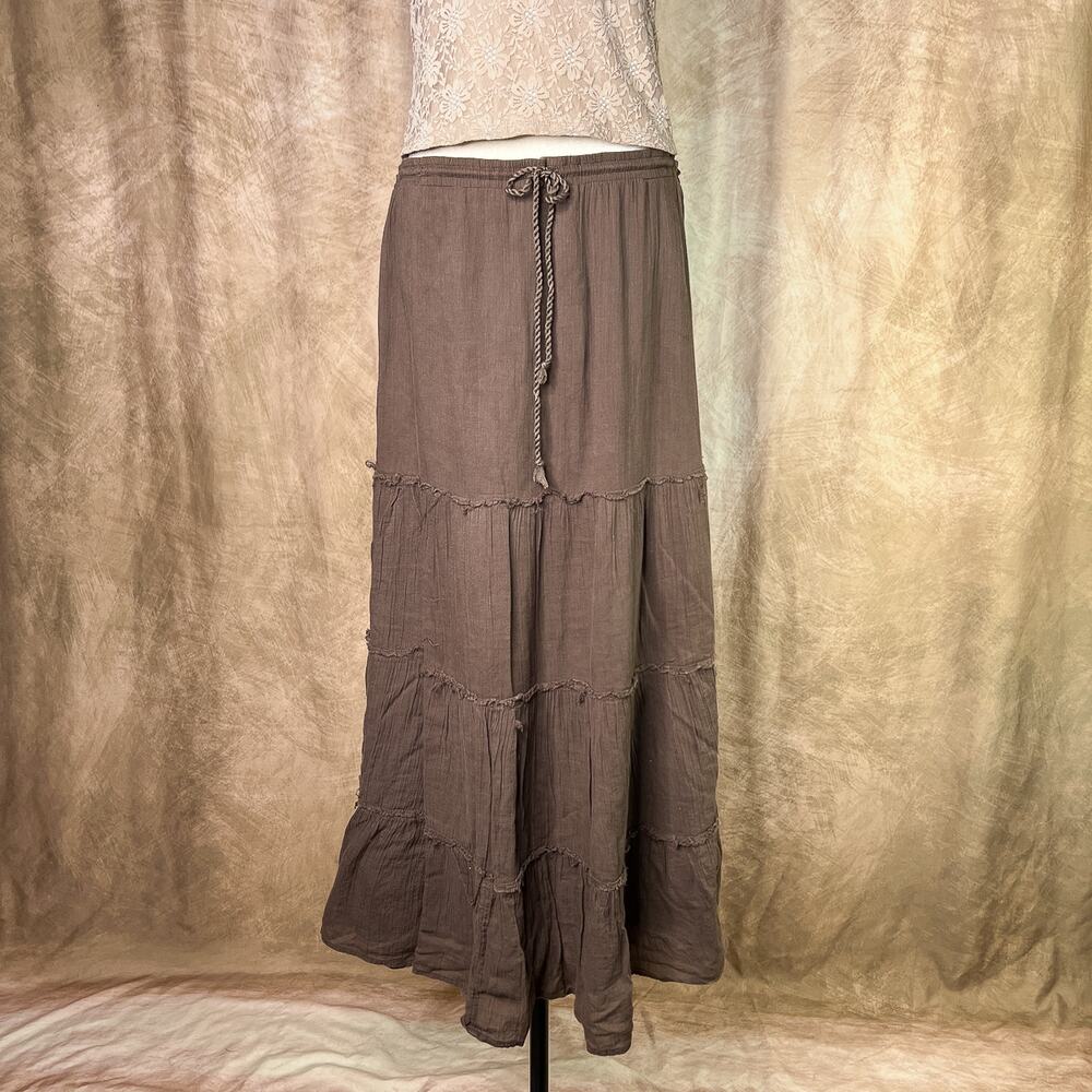 Y2K Mudd Tiered Maxi Skirt Brown Drawstring Waist Boho Fairy Grunge Peasant